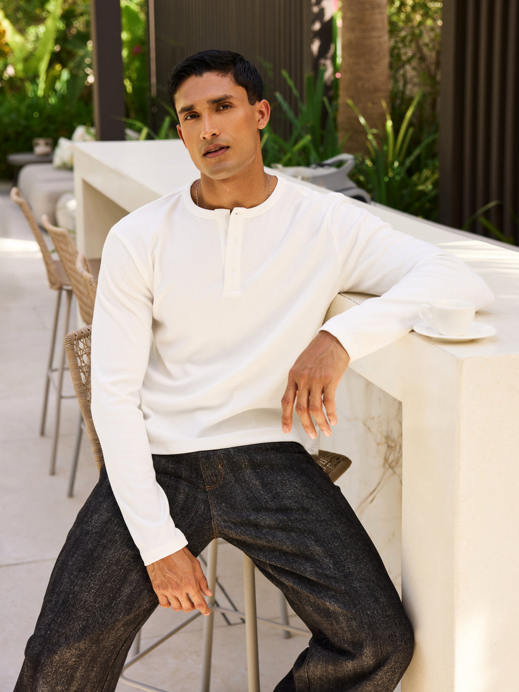 Men's Ribbed Henley - White