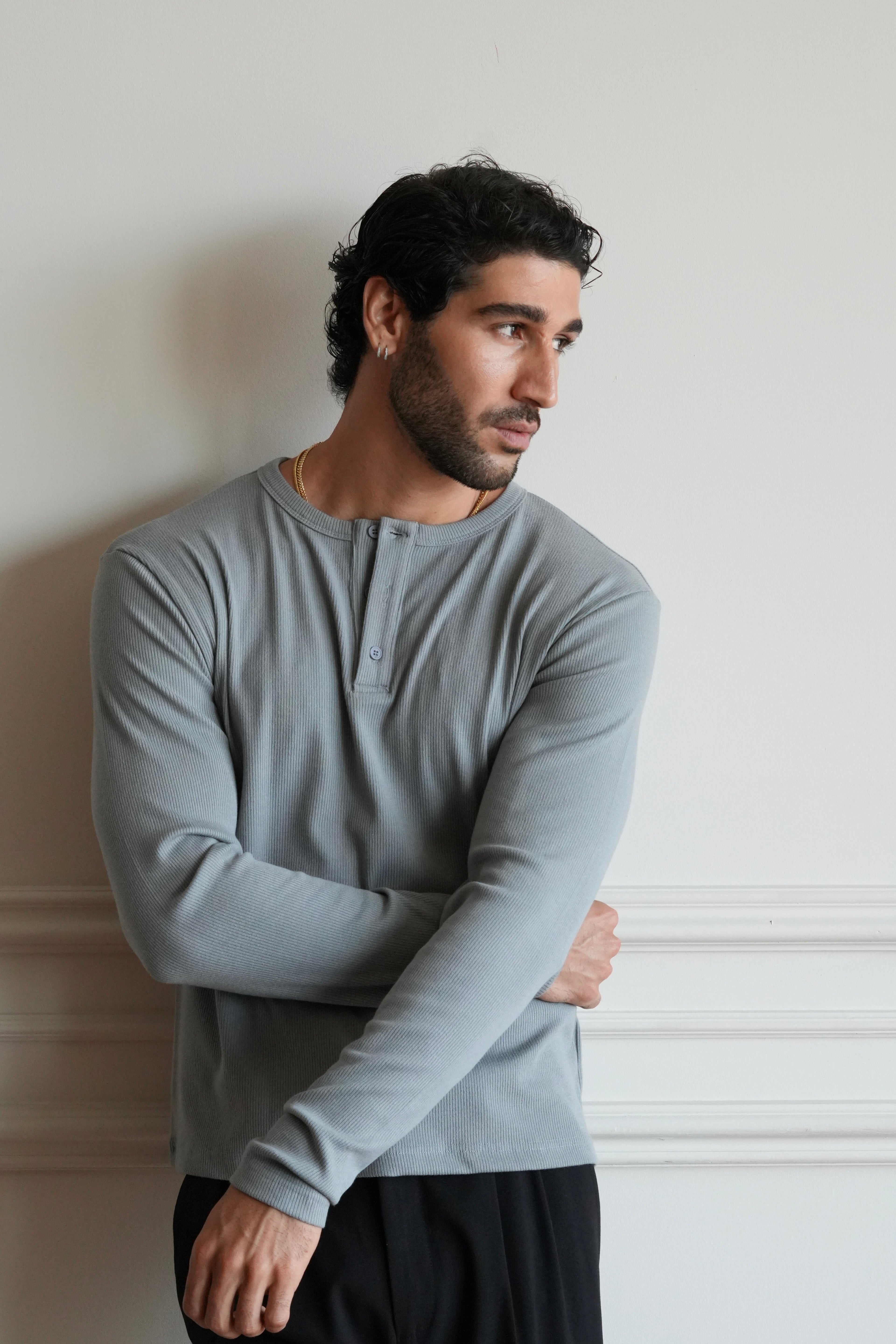 Men's Ribbed Henley - Grey