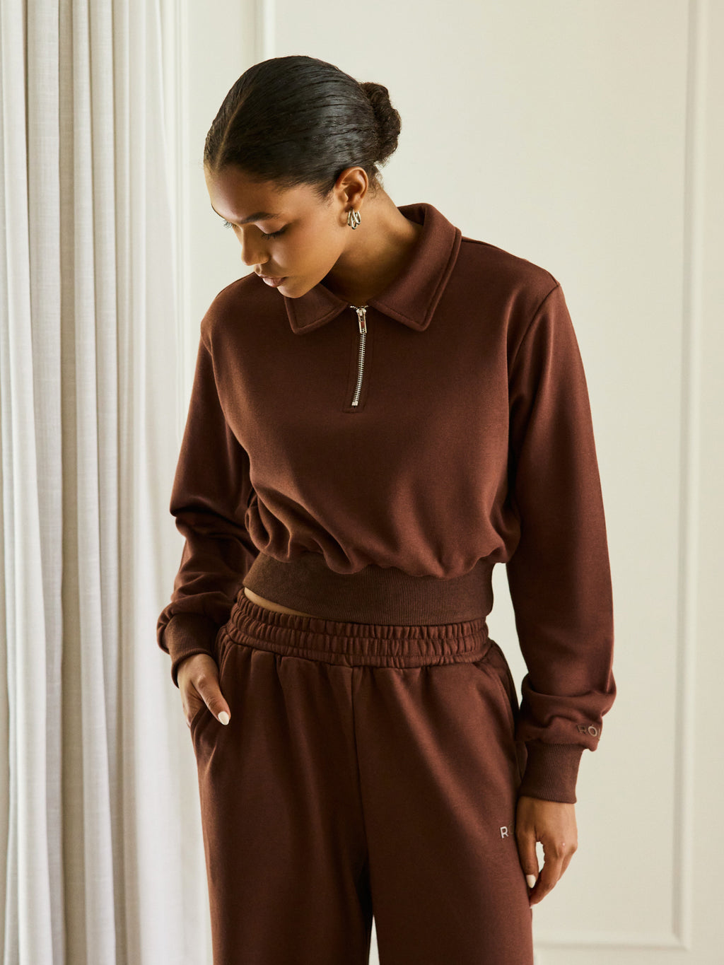 Women's Cropped Polo Long Sleeve - Brown