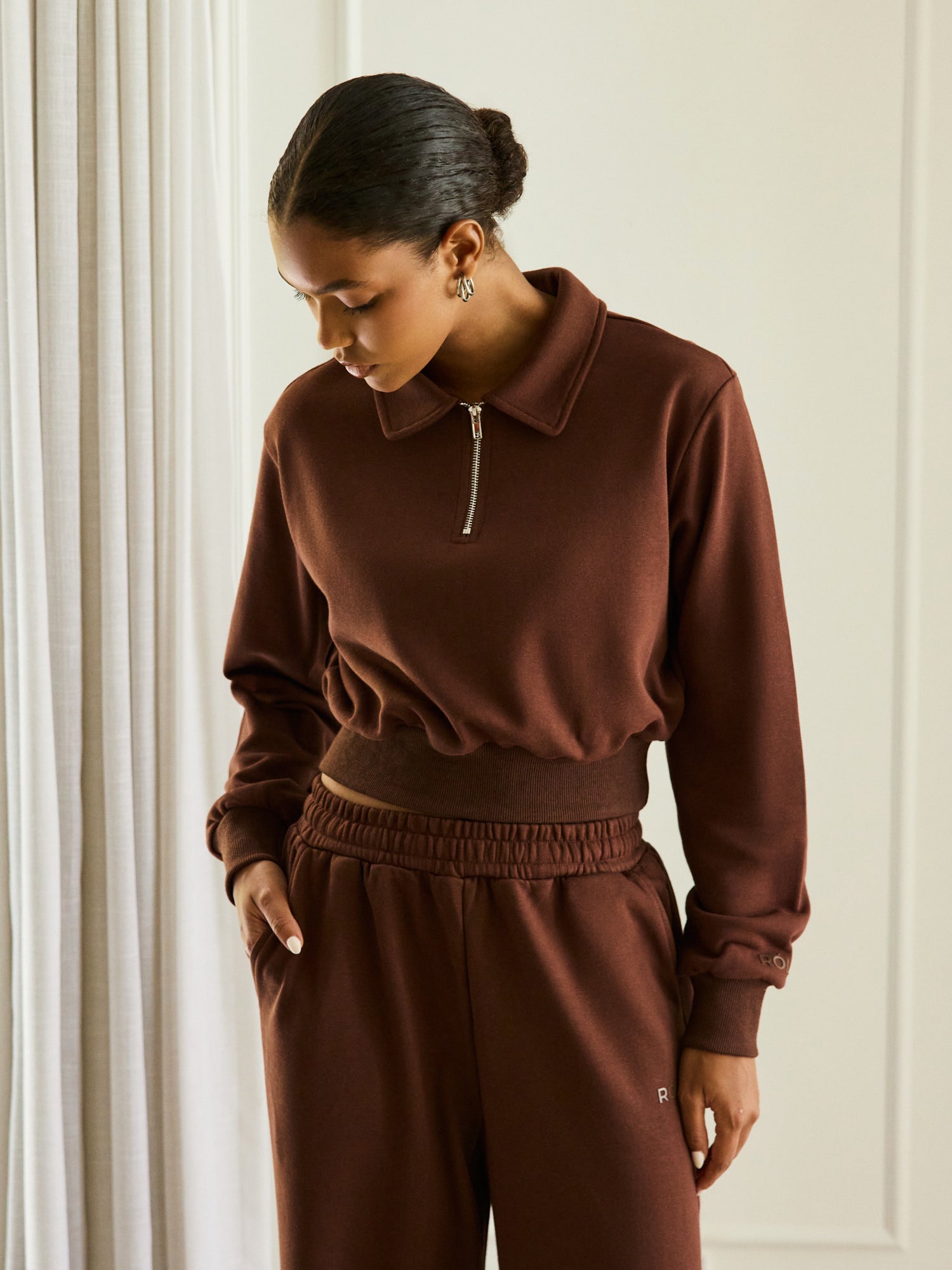 Women's Cropped Polo Long Sleeve - Brown