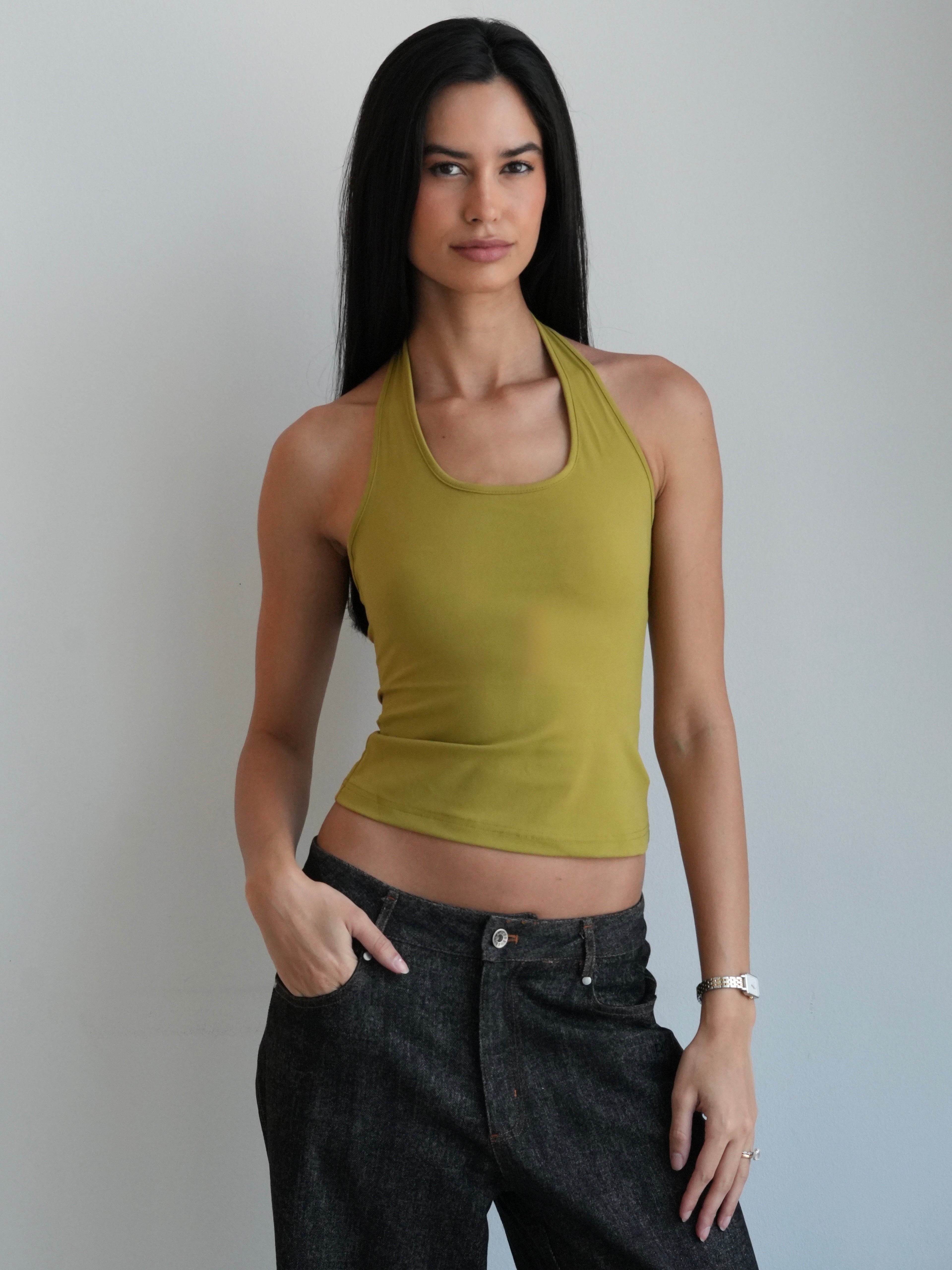 Women's Soft Halter Neck Top - Olive
