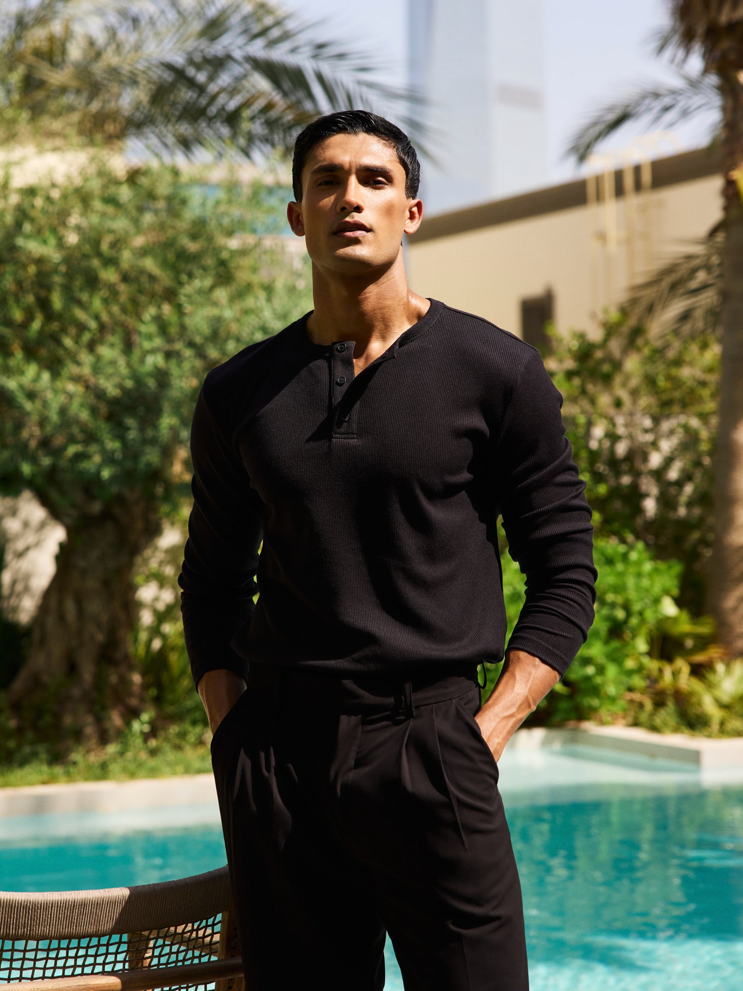 Men's Ribbed Henley - Black