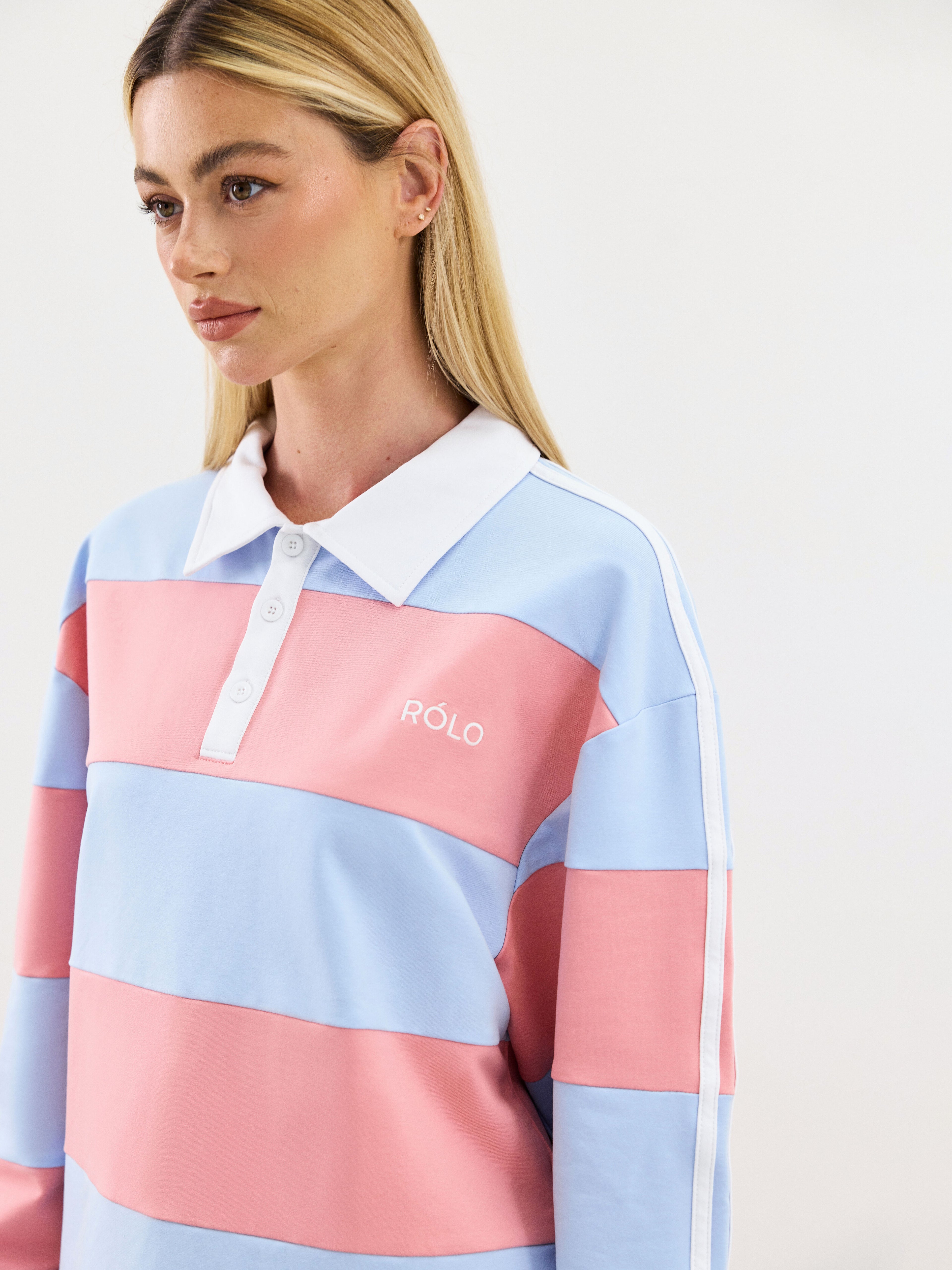 Wide Stripe Rugby Polo - Rose Pink & Steel Blue