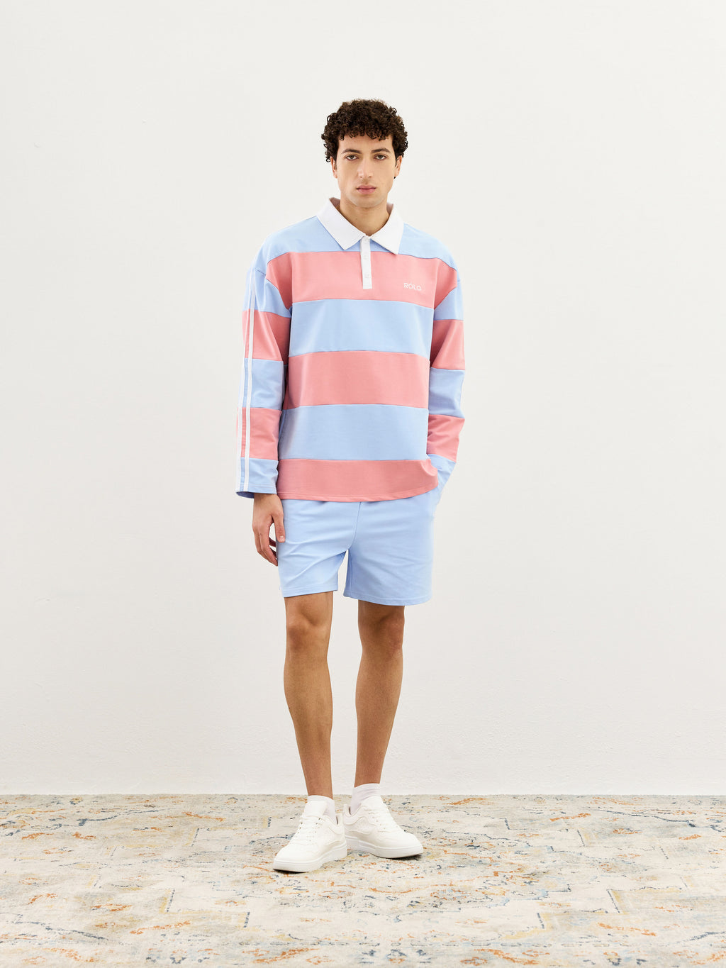 Wide Stripe Rugby Polo - Rose Pink & Steel Blue