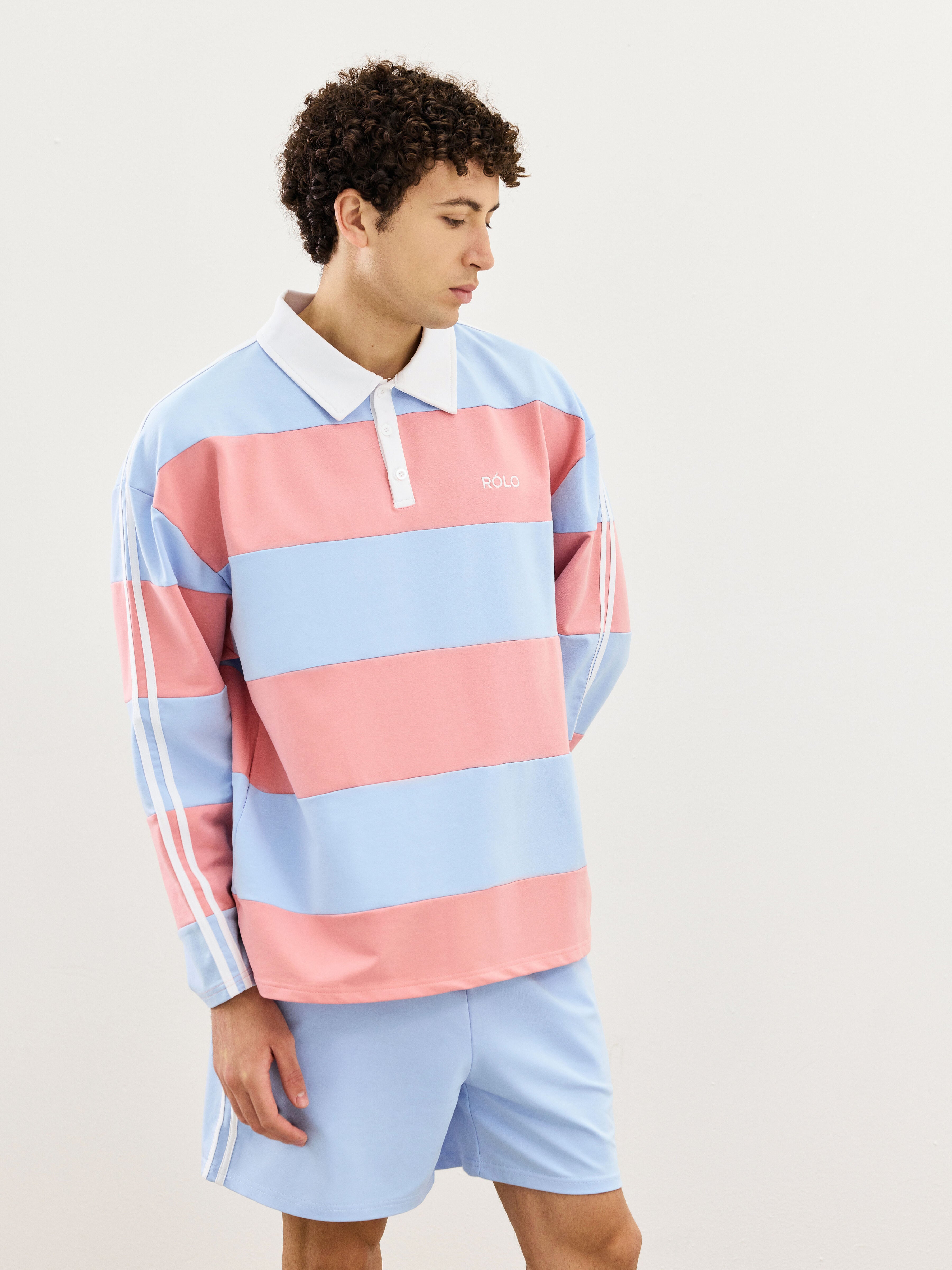 Wide Stripe Rugby Polo - Rose Pink & Steel Blue