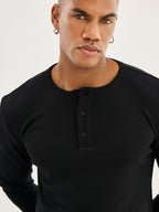 Men's Ribbed Henley - Black